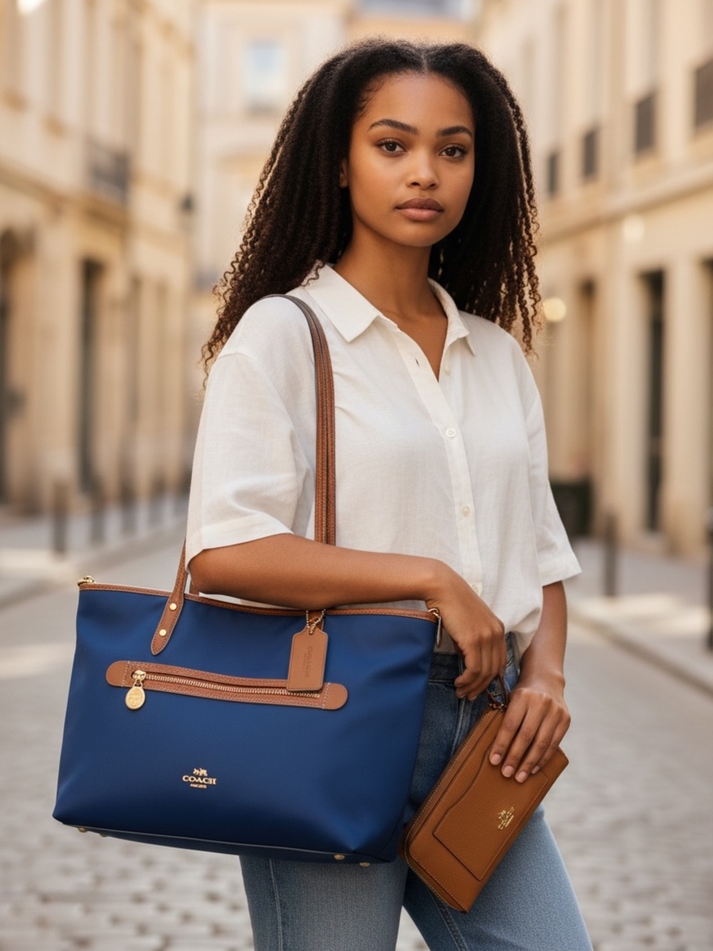 Coach Blue Nylon Metro Tote & Matching Saddle Brown Crossgrain Leather Wallet
